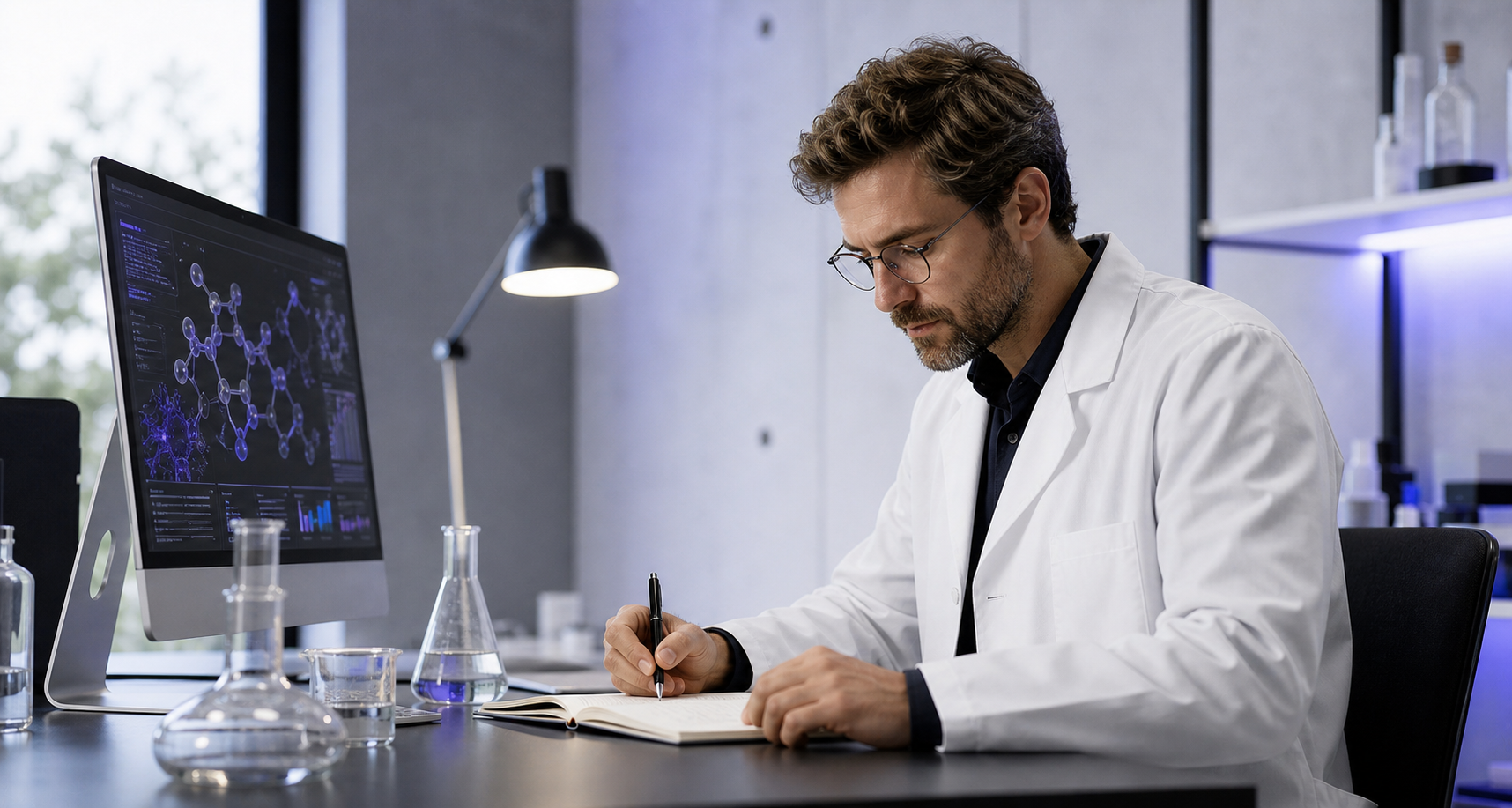 Researcher studying molecular pathways at a laboratory workstation