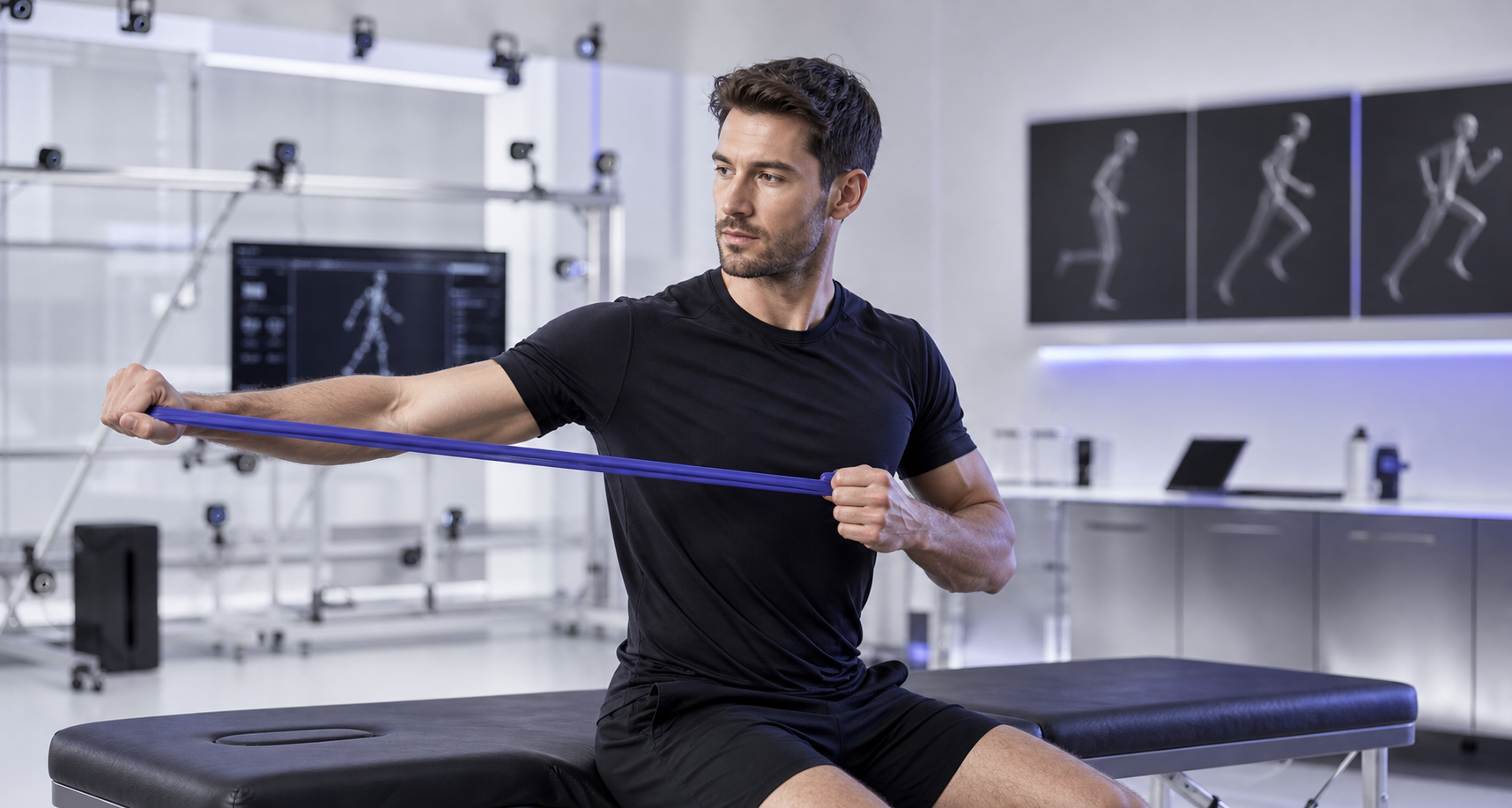 Athlete performing controlled resistance-band recovery work in a performance lab