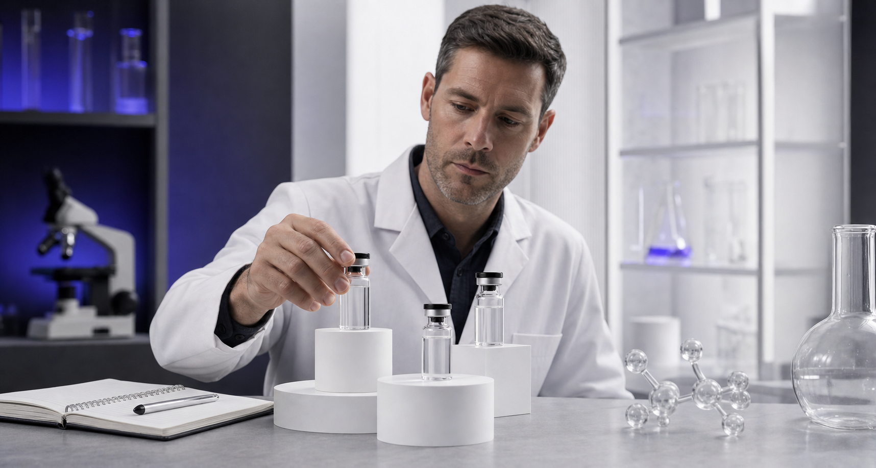 Researcher arranging coordinated liquid-filled vials in a laboratory
