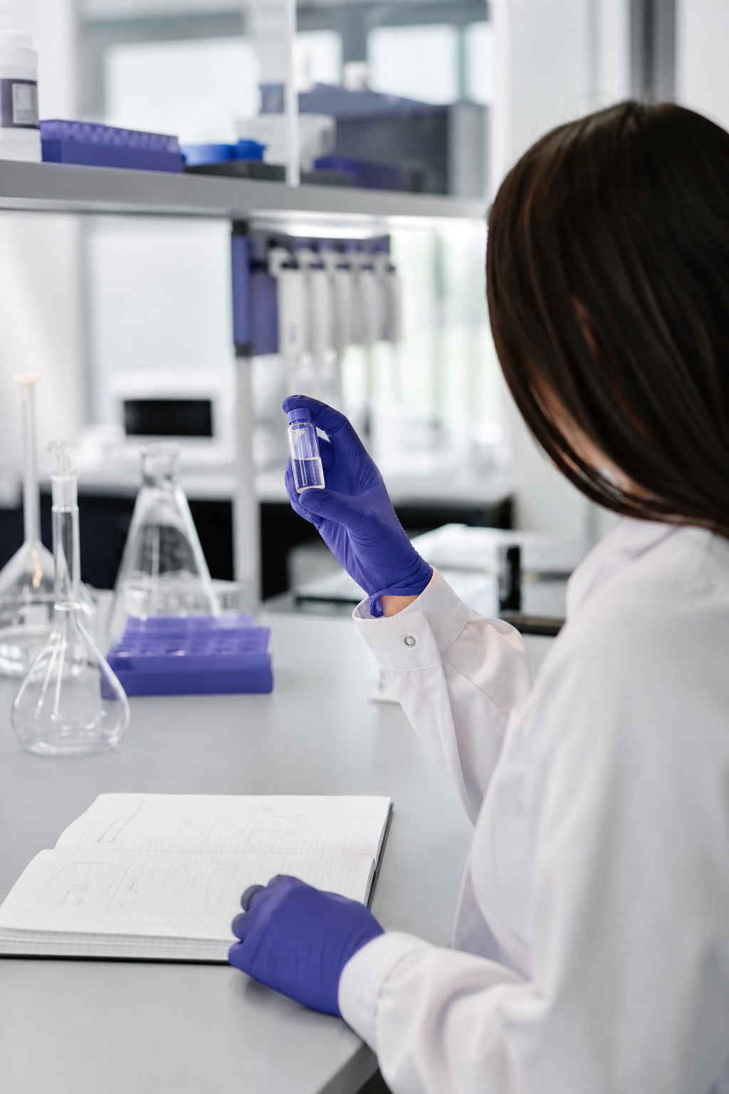 Laboratory researcher reviewing a peptide vial and research notebook