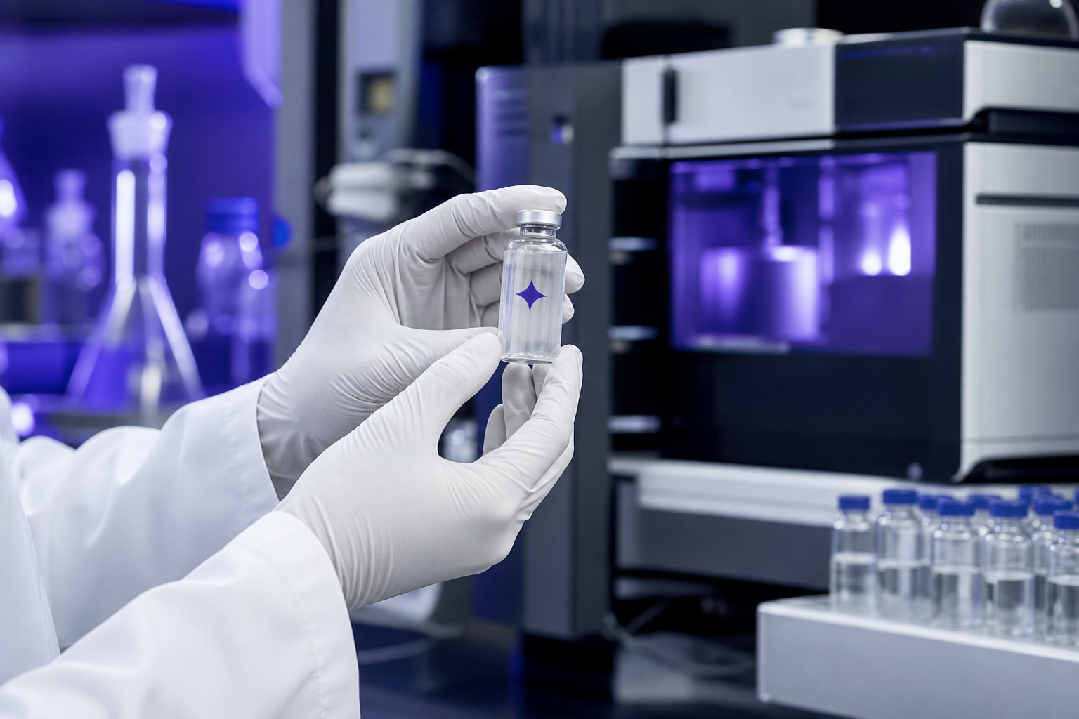 Gloved laboratory researcher inspecting a peptide vial