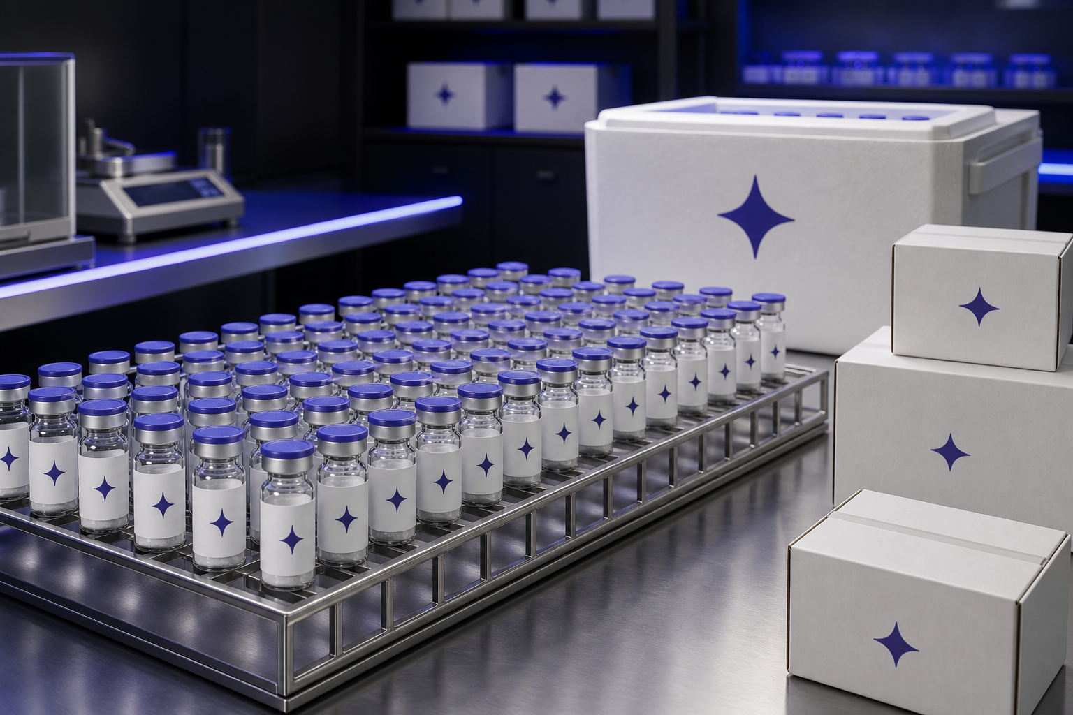 Rows of Magic Power Peptides vials prepared for laboratory fulfillment